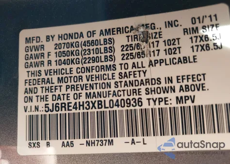 2011 Honda Cr-V Lx from USA, damaged, VIN 5J6RE4H3XBL040936
